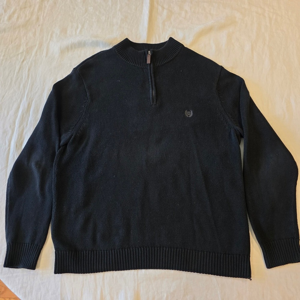 Chaps Mens Quarter Zip Pullover Sweater Black Cotton Shaker Knit Large BLK